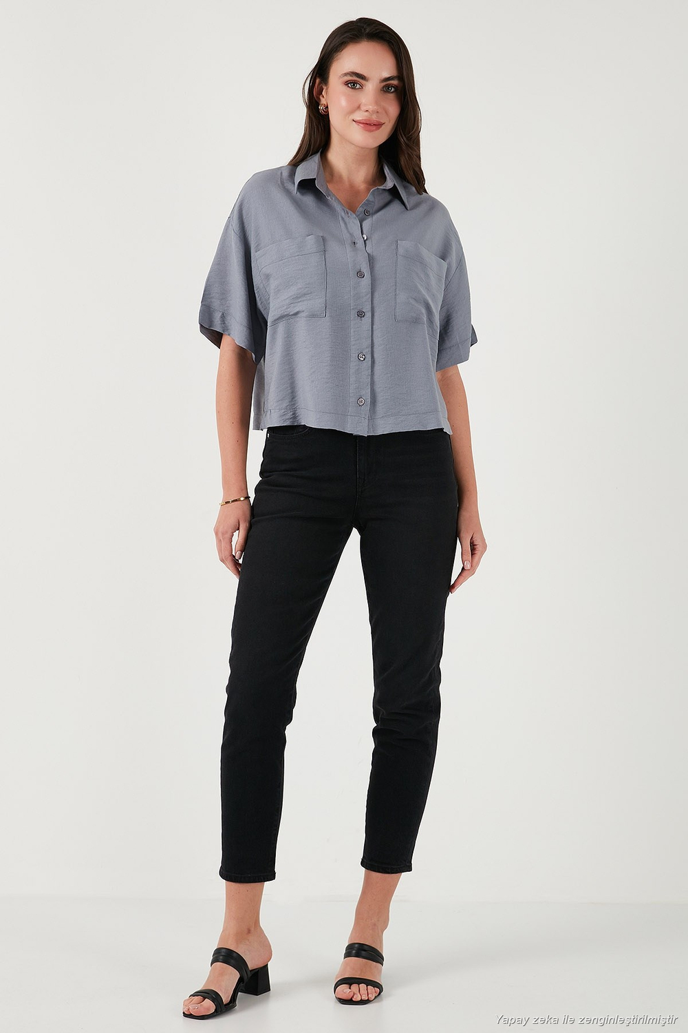 Regular Fit Cep Detaylı Kısa Kollu Kadın Gömlek 6778568 GRİ