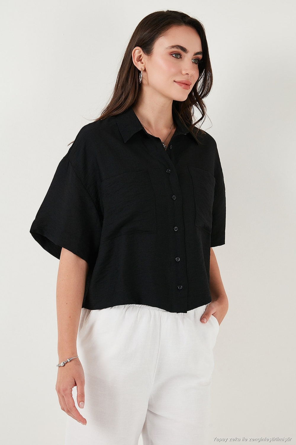 Regular Fit Cep Detaylı Kısa Kollu Kadın Gömlek 6778568 SİYAH
