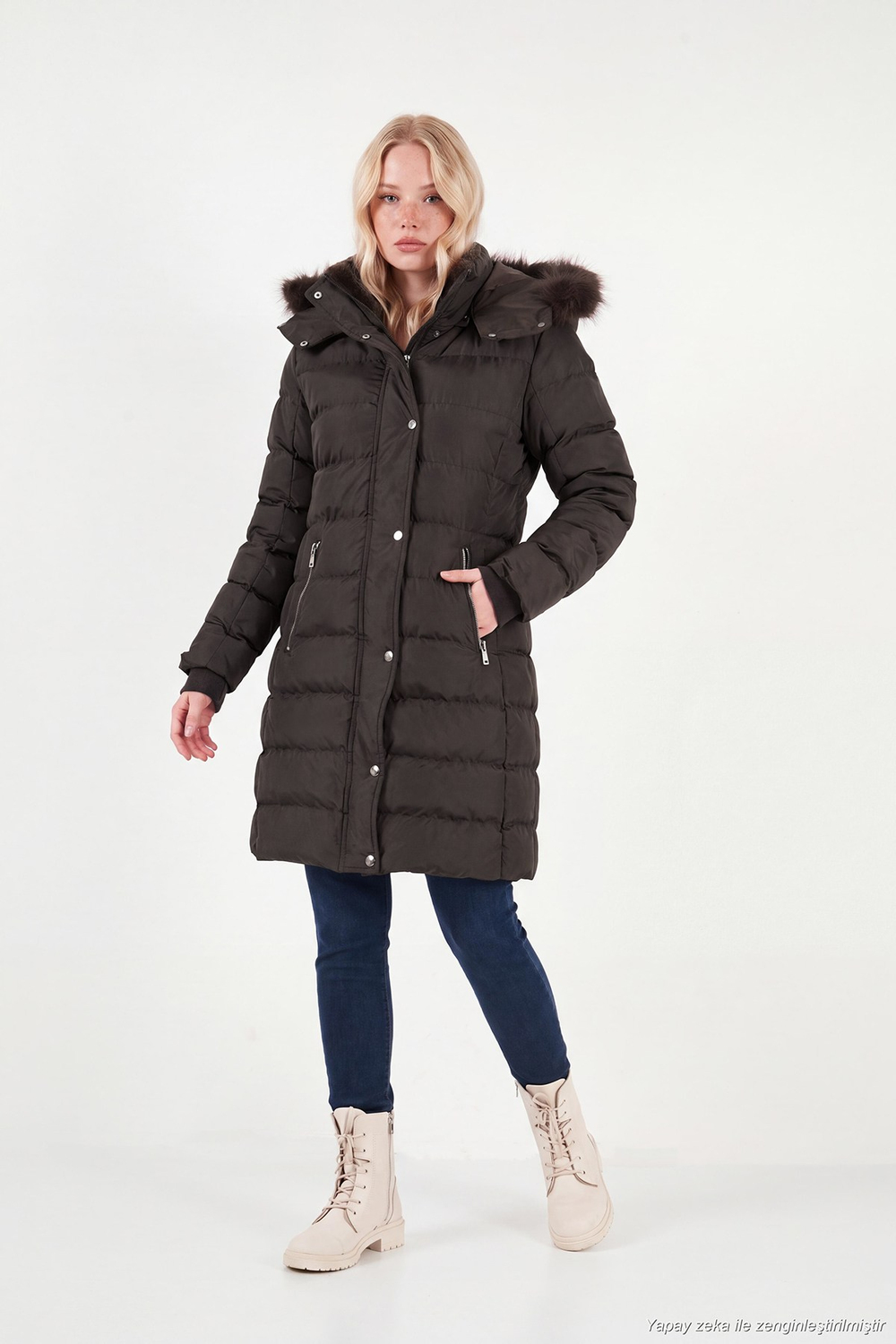 Regular Fit Çıkarılabilir Kapüşonlu Fermuarlı Cepli Şişme Kadın Mont 497EMİLY KAHVE