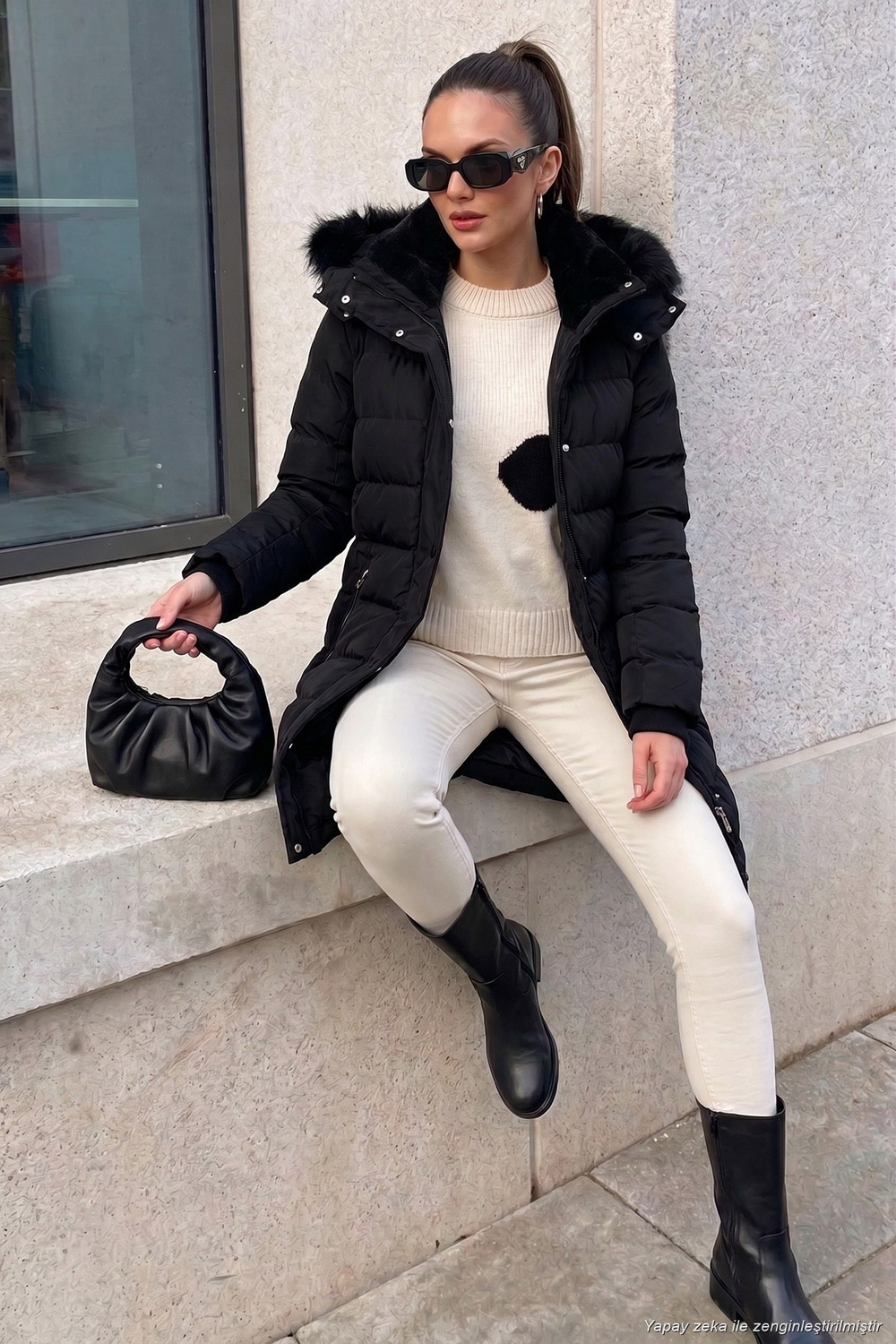 Regular Fit Çıkarılabilir Kapüşonlu Fermuarlı Cepli Şişme Kadın Mont 497EMİLY SİYAH