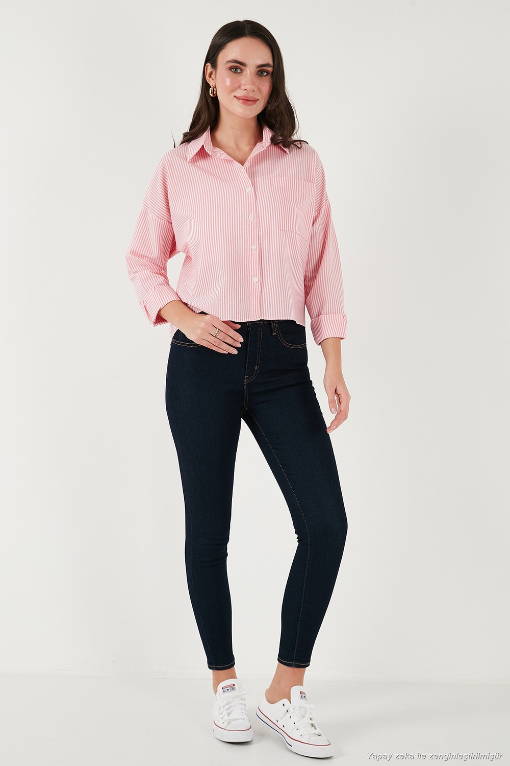 Regular Fit Çizgili Göğüs Cepli Dokulu Kadın Gömlek 6772870 Şeker Pembe