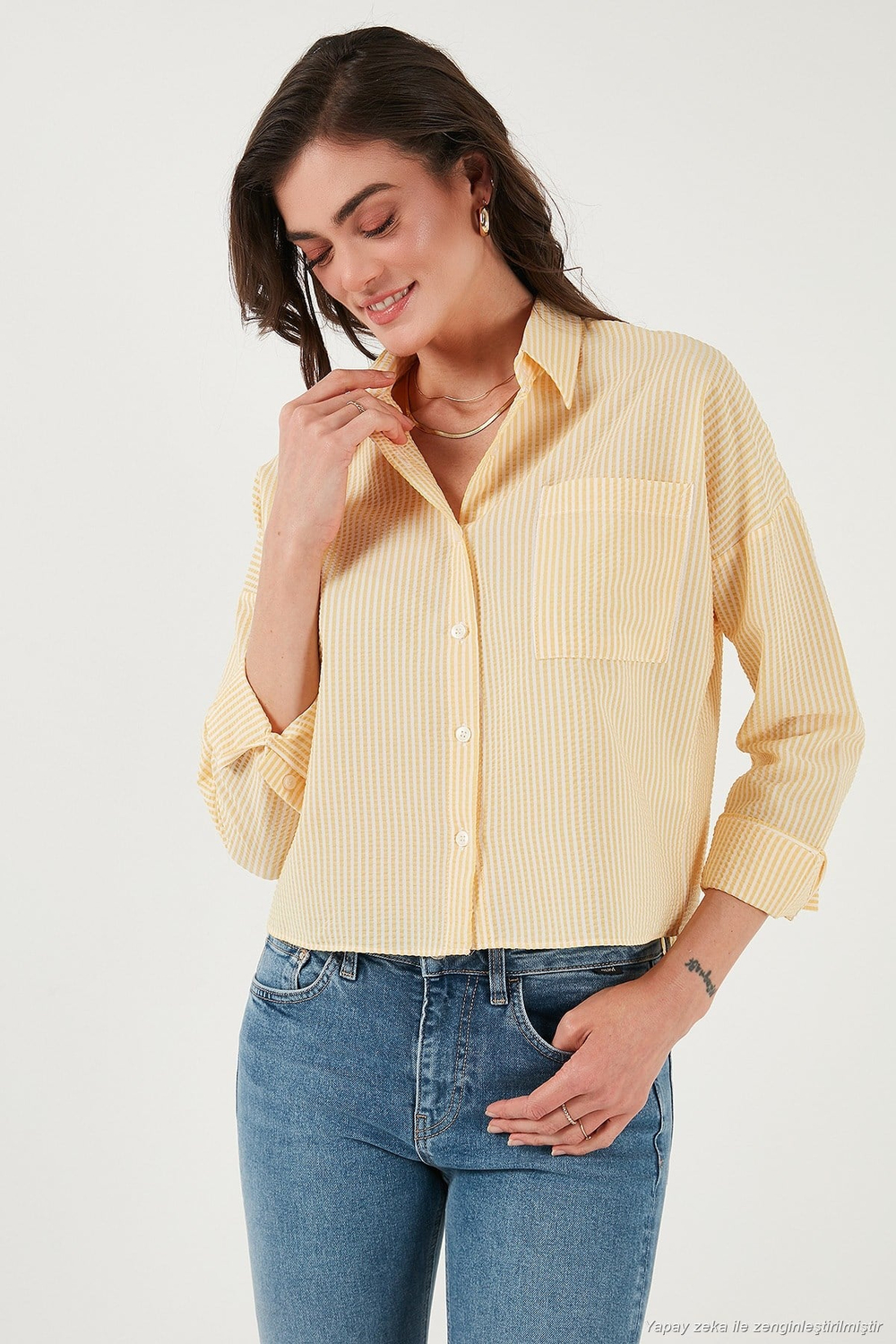 Regular Fit Çizgili Göğüs Cepli Dokulu Kadın Gömlek 6772870 SARI