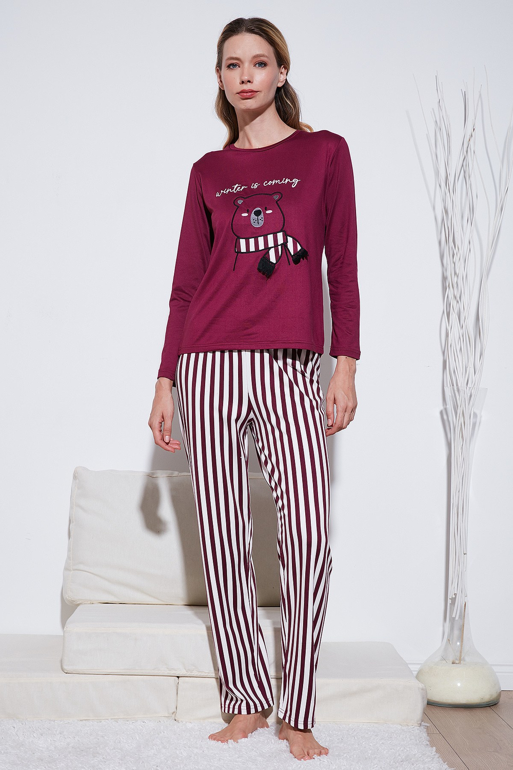 Regular Fit Desenli Bisiklet Yaka Kadın Pijama Takımı 65719102 MÜRDÜM