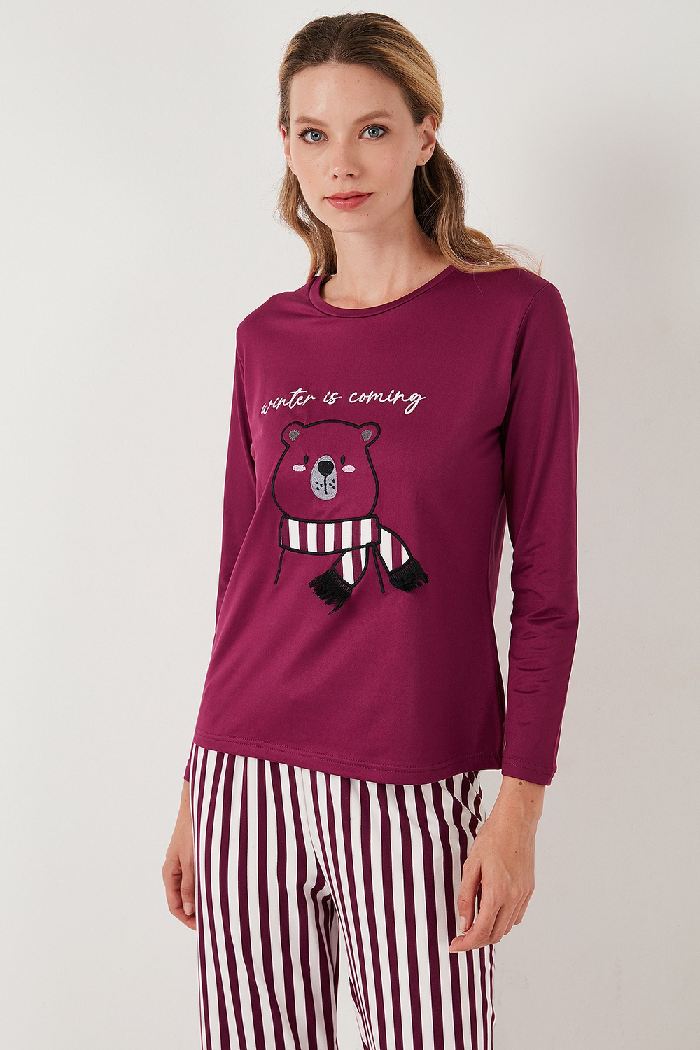 Regular Fit Desenli Bisiklet Yaka Kadın Pijama Takımı 65719102 MÜRDÜM