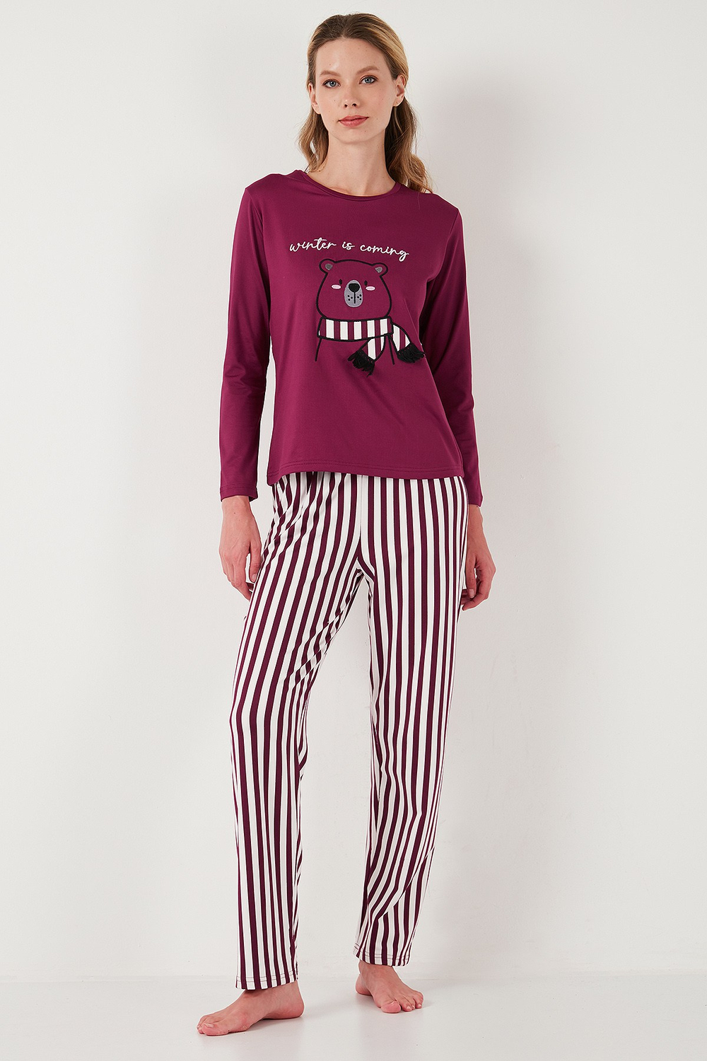 Regular Fit Desenli Bisiklet Yaka Kadın Pijama Takımı 65719102 MÜRDÜM