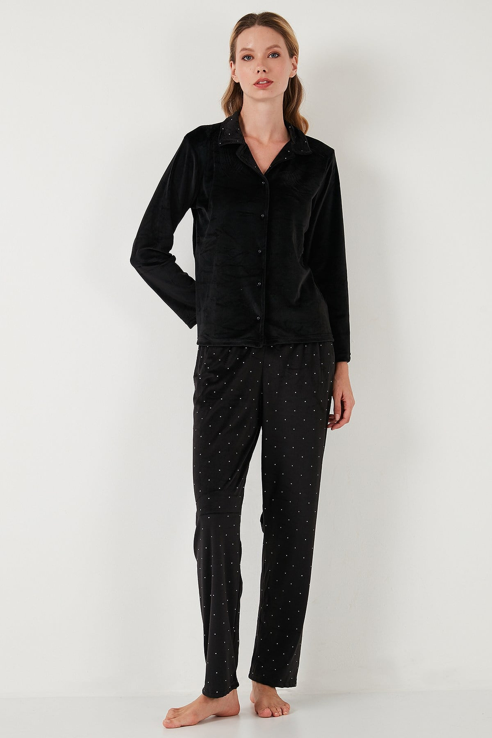 Regular Fit Desenli Parlak Kadife Kadın Pijama Takımı 65713311 SİYAH