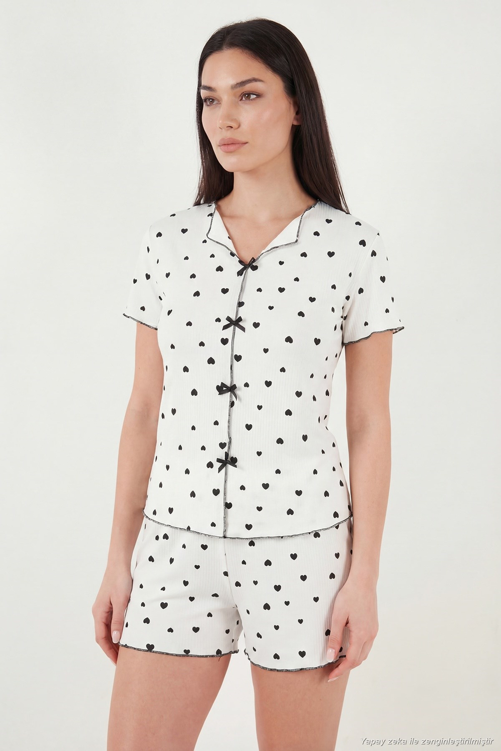Regular Fit Desenli V Yaka Şortlu Kadın Pijama Takımı 65770837 SİYAH-BEYAZ