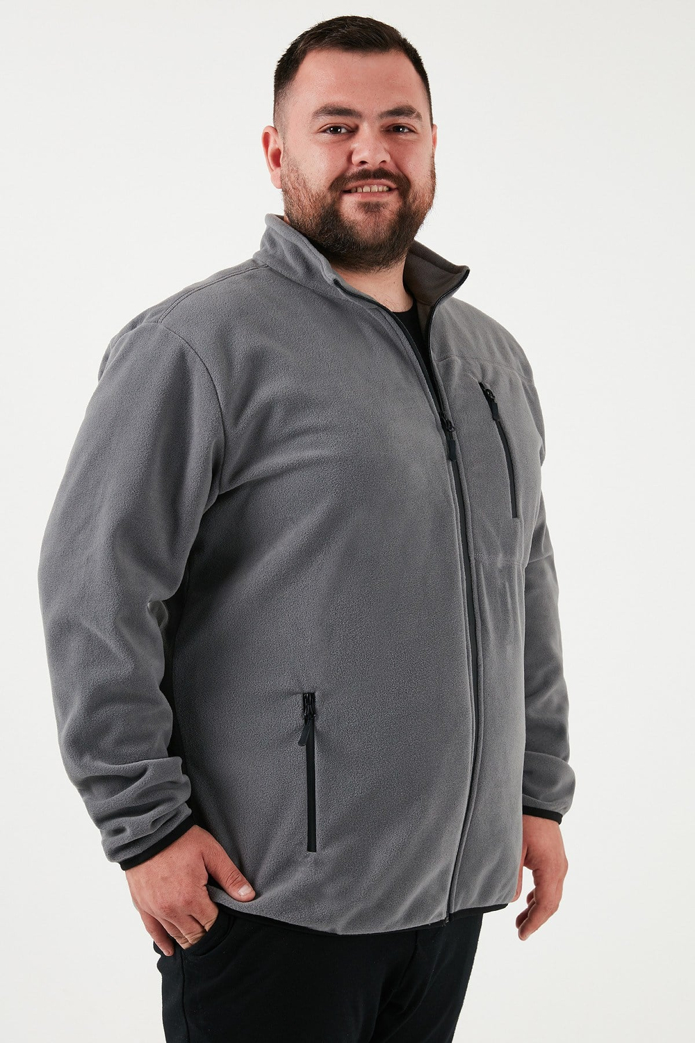 Regular Fit Dik Yaka Fermuarlı Büyük Beden Polar Erkek Hırka 5906028B GRİ