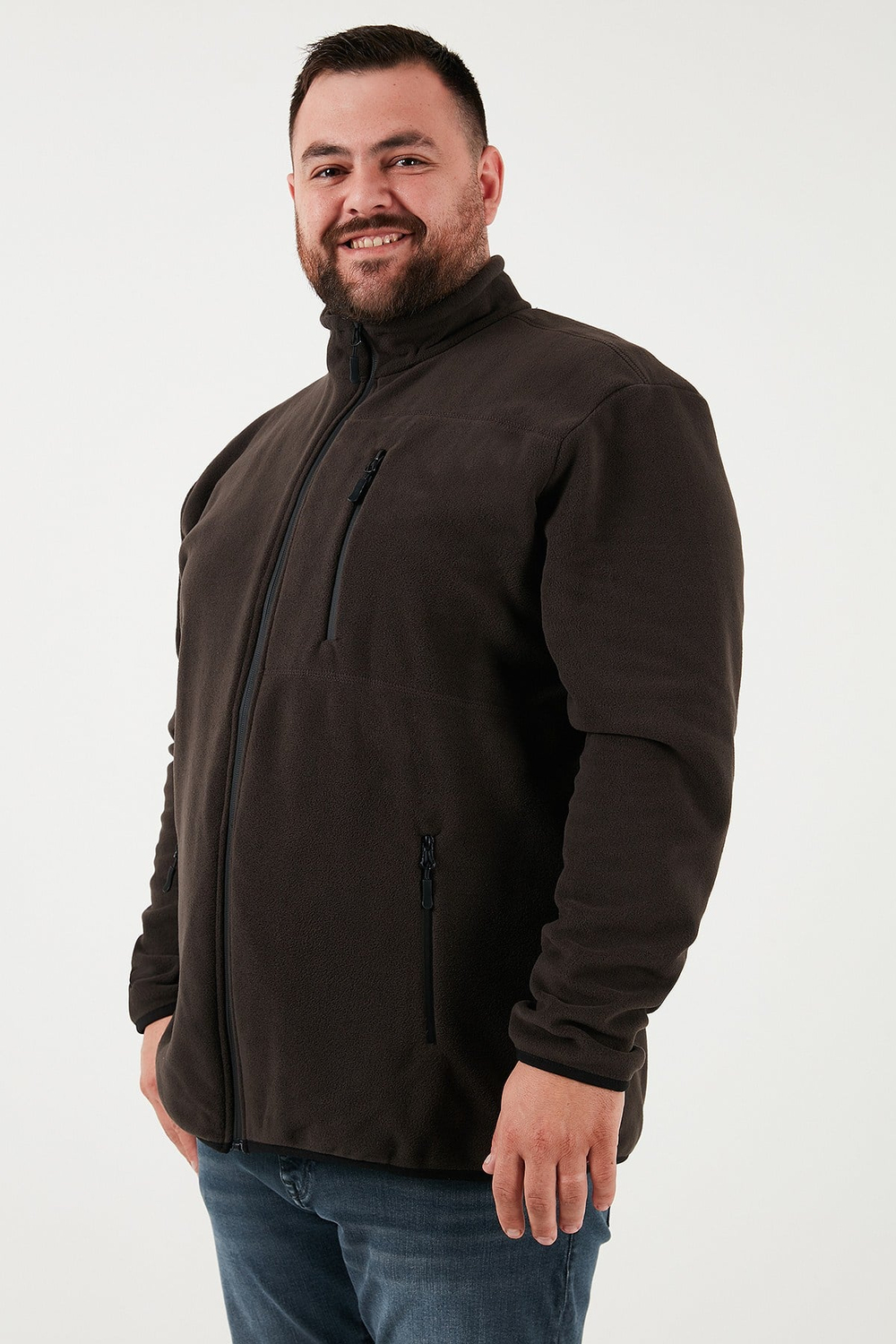 Regular Fit Dik Yaka Fermuarlı Büyük Beden Polar Erkek Hırka 5906028B ANTRASİT