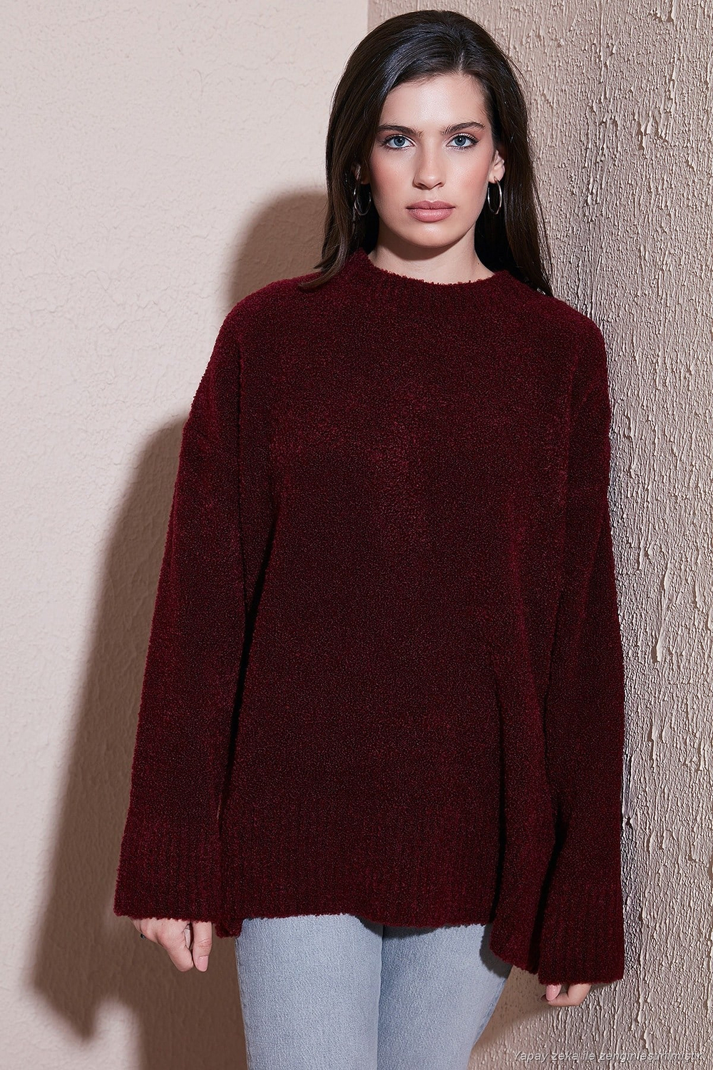 Regular Fit Dik Yaka Yumuşak Dokulu Triko Kadın Kazak 4616222 BORDO