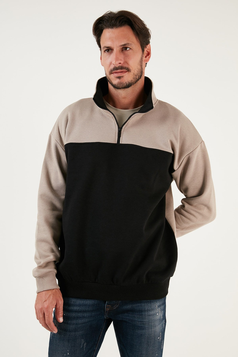 Regular Fit Fermuarlı Dik Yaka İçi Tüylü Yumuşak Şardonlu Kışlık Erkek Sweat 5905343 SÜTLÜ KAHVE