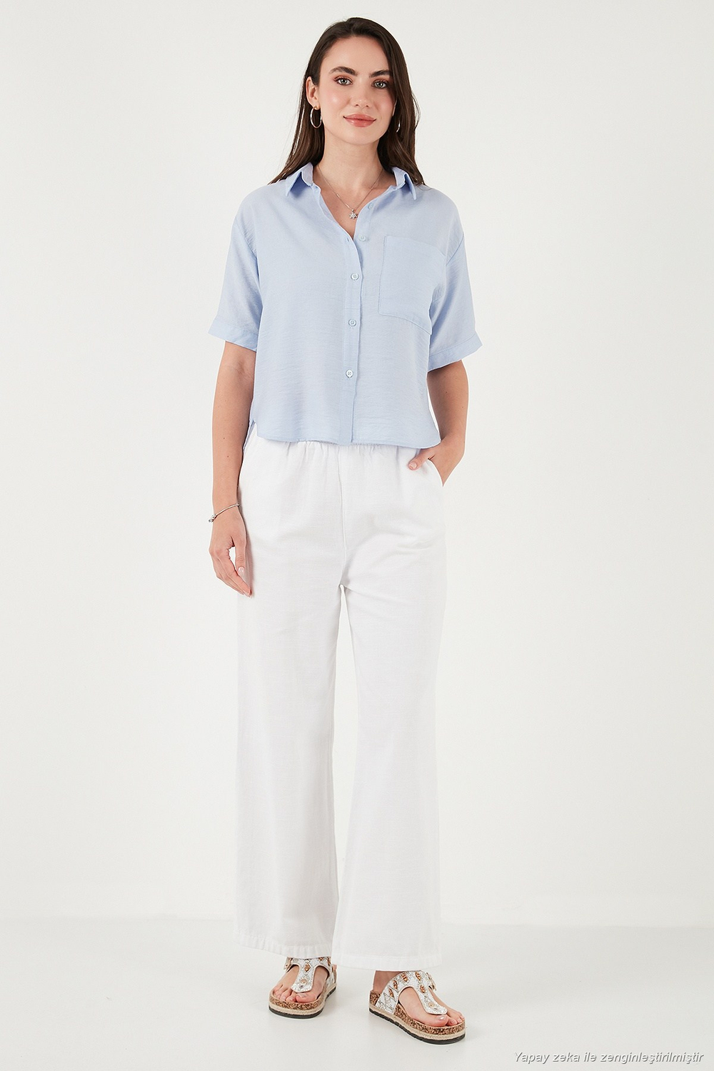 Regular Fit Göğüs Cepli Kısa Kollu Kadın Gömlek 6779324 BEBE MAVİ