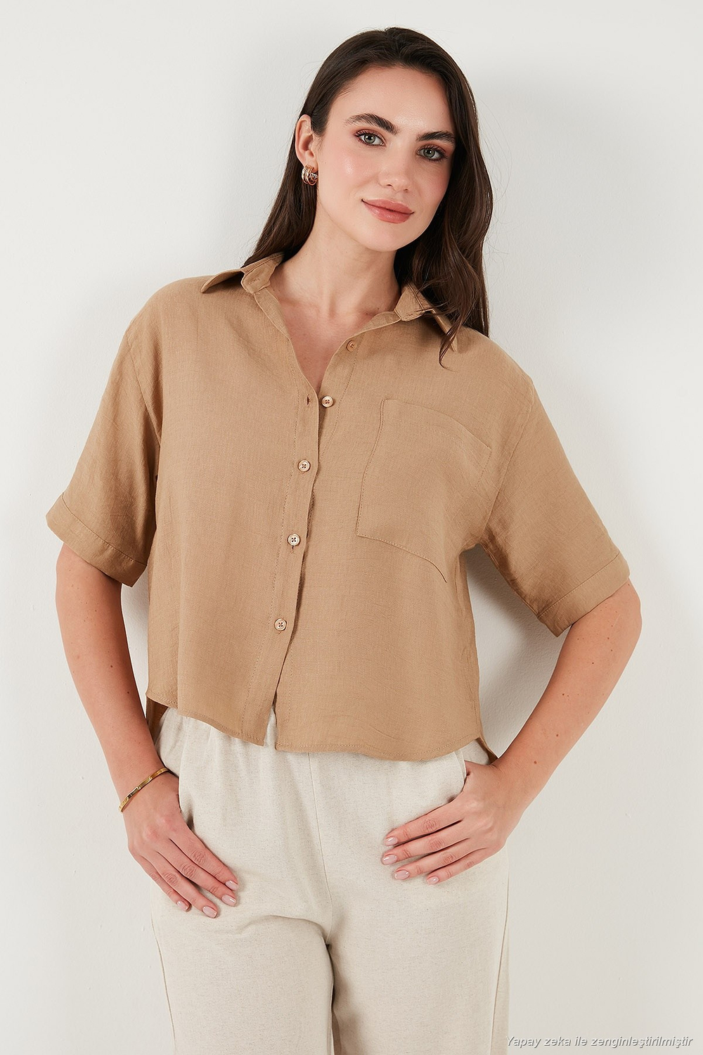 Regular Fit Göğüs Cepli Kısa Kollu Kadın Gömlek 6779324 BİSKÜVİ