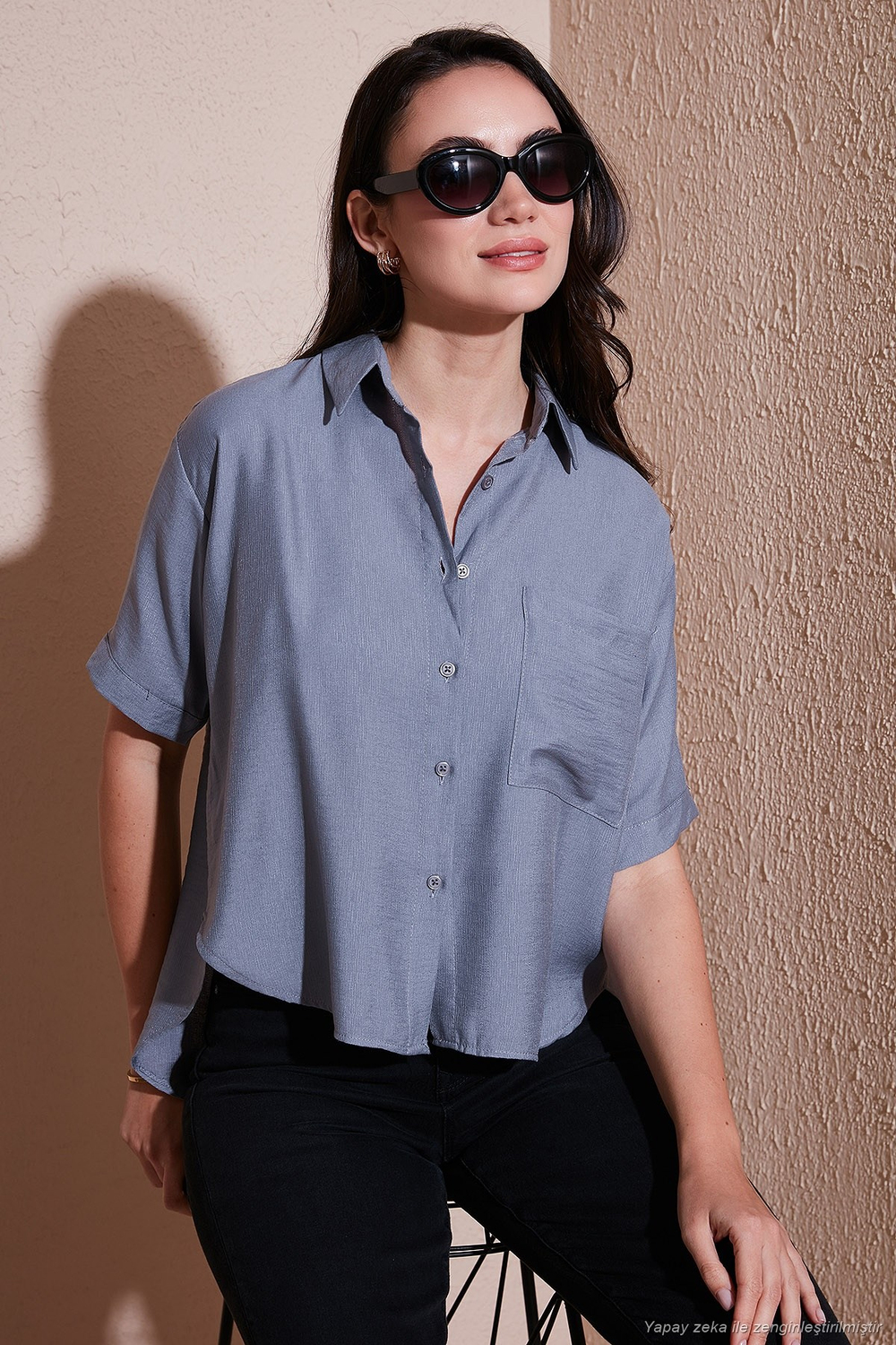 Regular Fit Göğüs Cepli Kısa Kollu Kadın Gömlek 6779324 GRİ