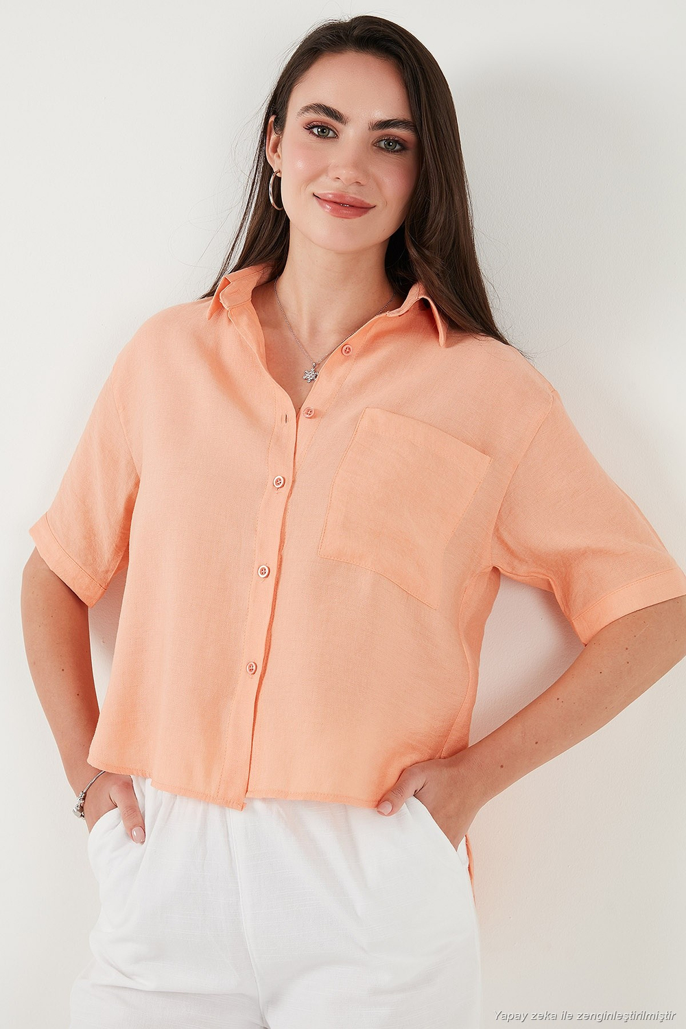 Regular Fit Göğüs Cepli Kısa Kollu Kadın Gömlek 6779324 ORANJ