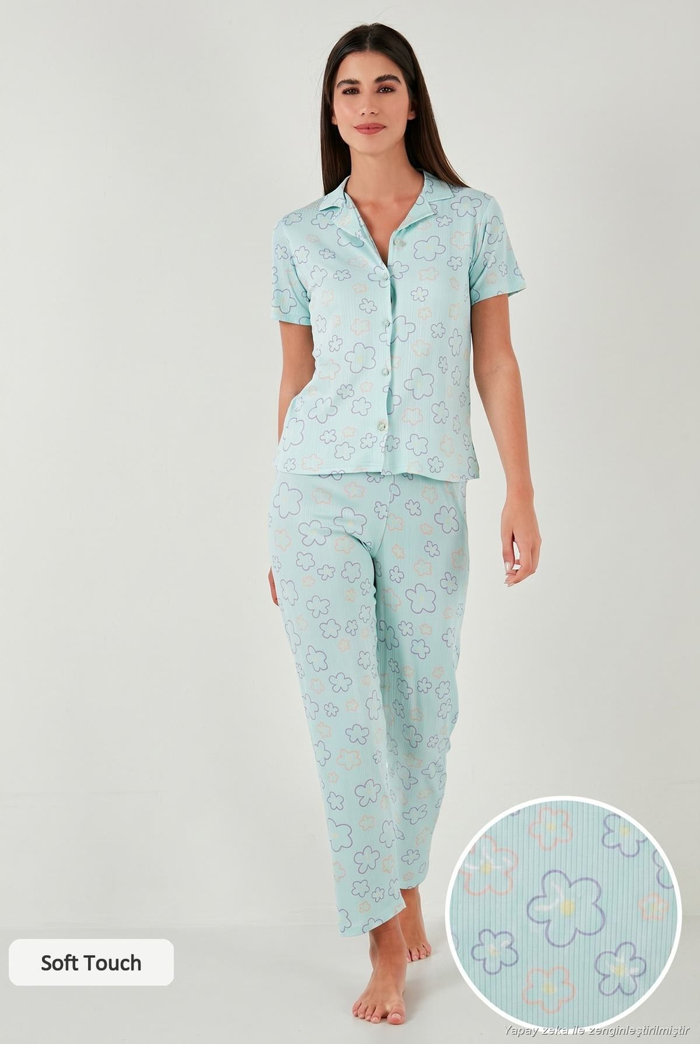 Regular Fit Gömlek Yaka Kısa Kollu Kadın Pijama Takımı 65780124 SU YEŞİLİ