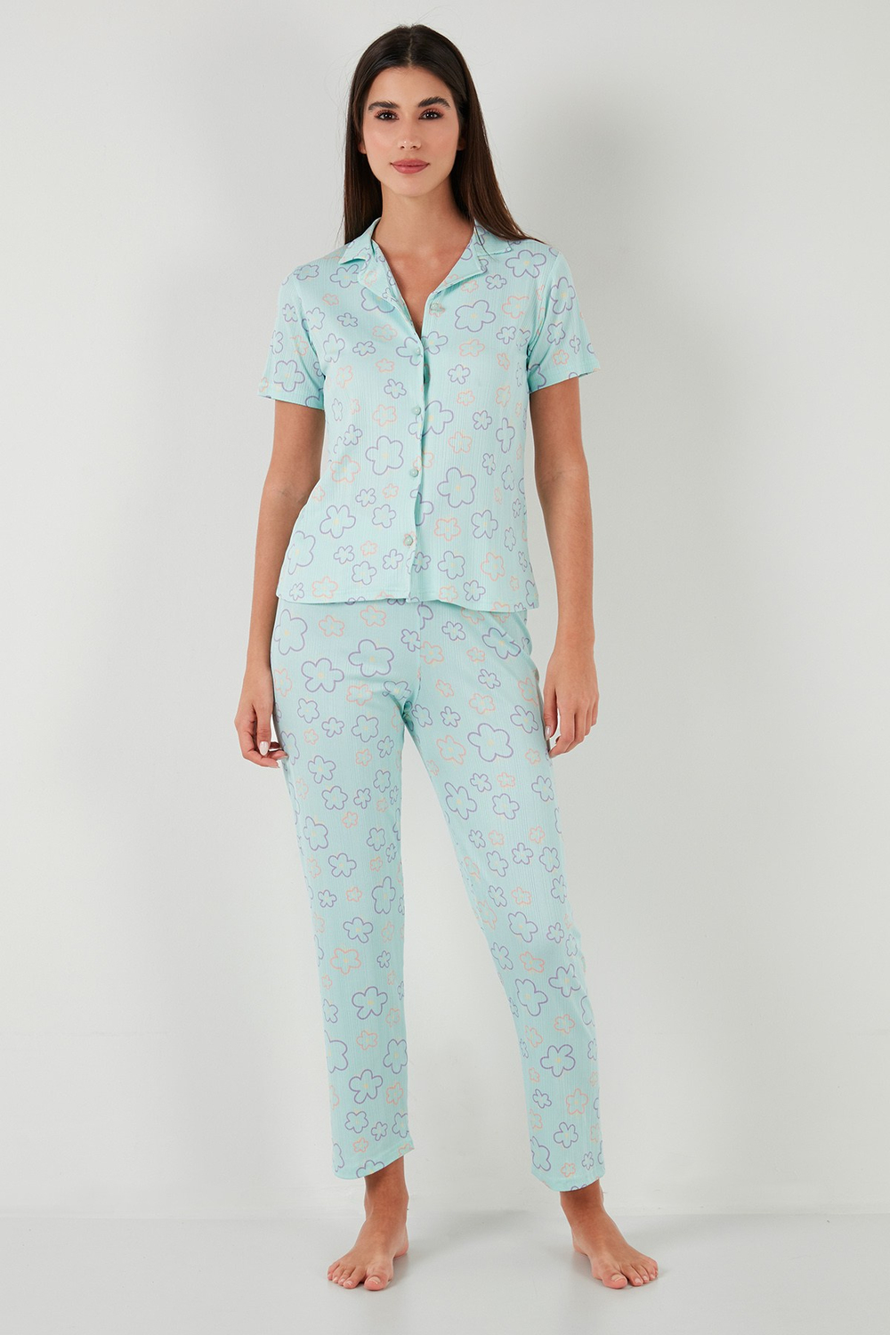 Regular Fit Gömlek Yaka Kısa Kollu Kadın Pijama Takımı 65780124 SU YEŞİLİ