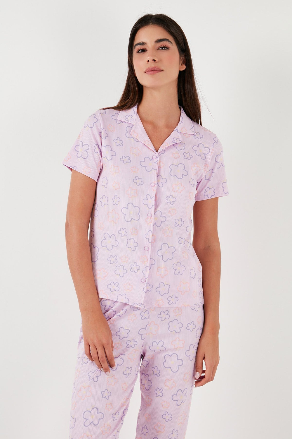 Regular Fit Gömlek Yaka Kısa Kollu Kadın Pijama Takımı 65780124 PEMBE