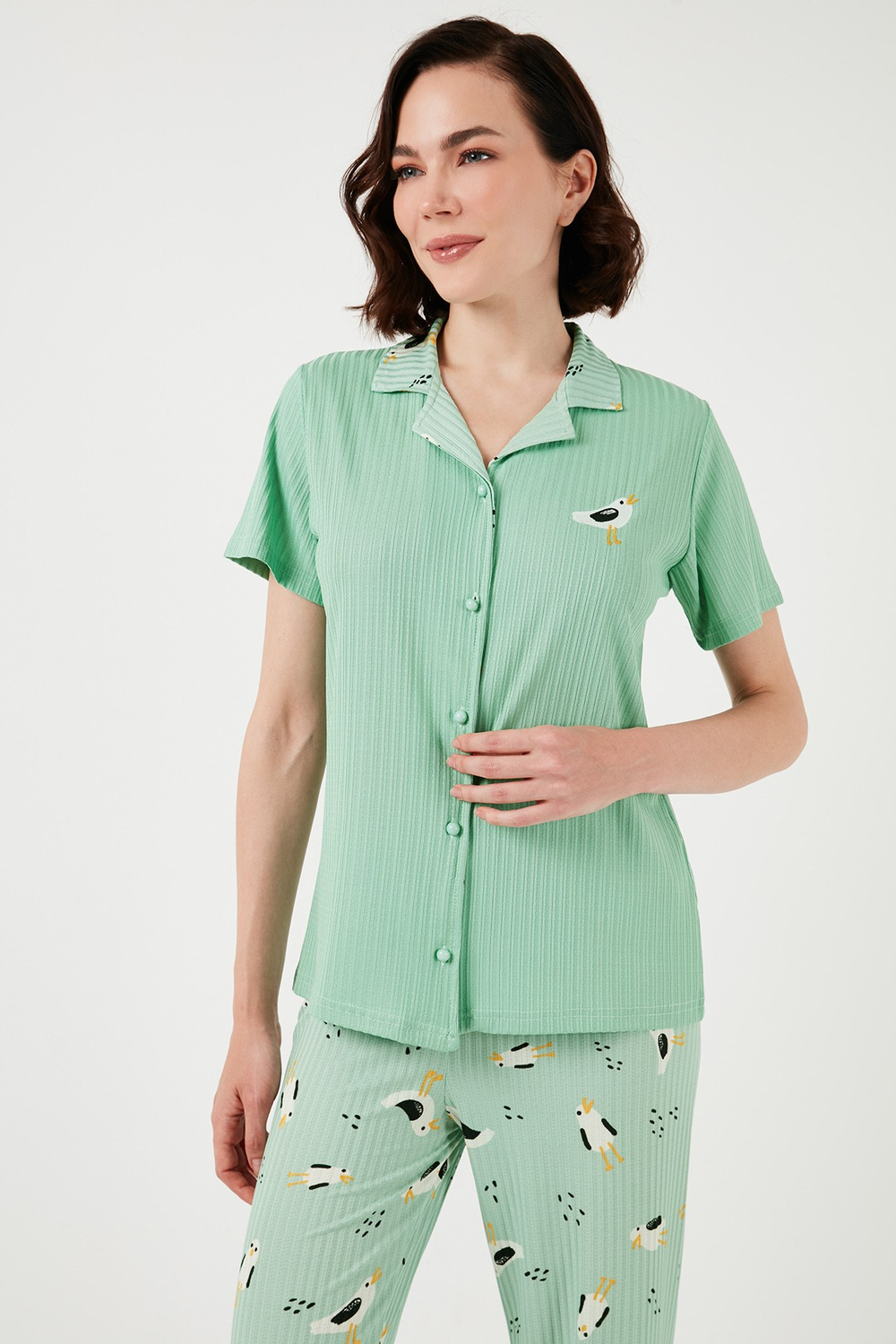 Regular Fit Gömlek Yaka Kısa Kollu Kadın Pijama Takımı 65740102 MİNT