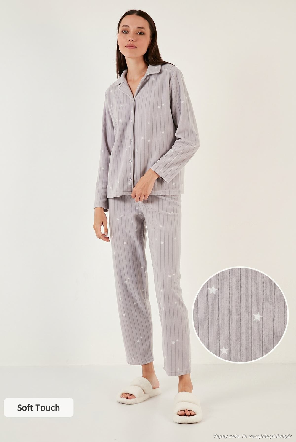 Regular Fit Gömlek Yaka Önden Düğmeli Polar Kadın Pijama Takımı 6571009W4 GRİ