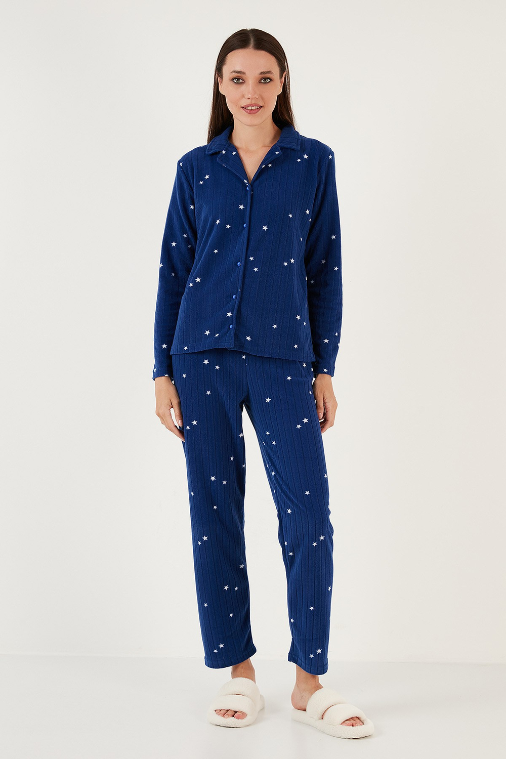 Regular Fit Gömlek Yaka Önden Düğmeli Polar Kadın Pijama Takımı 6571009W4 LACİVERT