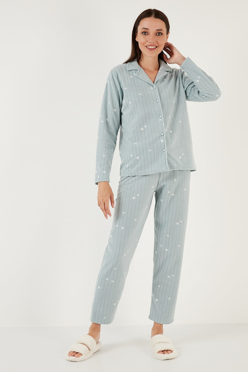 Regular Fit Gömlek Yaka Önden Düğmeli Polar Kadın Pijama Takımı 6571009W4 MİNT