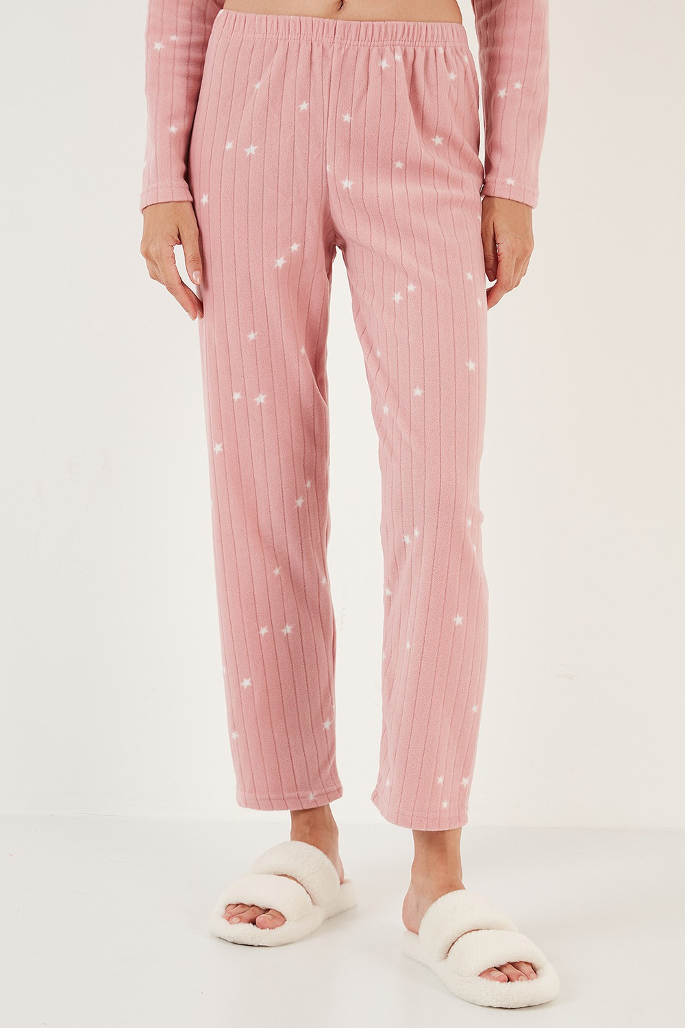 Regular Fit Gömlek Yaka Önden Düğmeli Polar Kadın Pijama Takımı 6571009W4 PUDRA