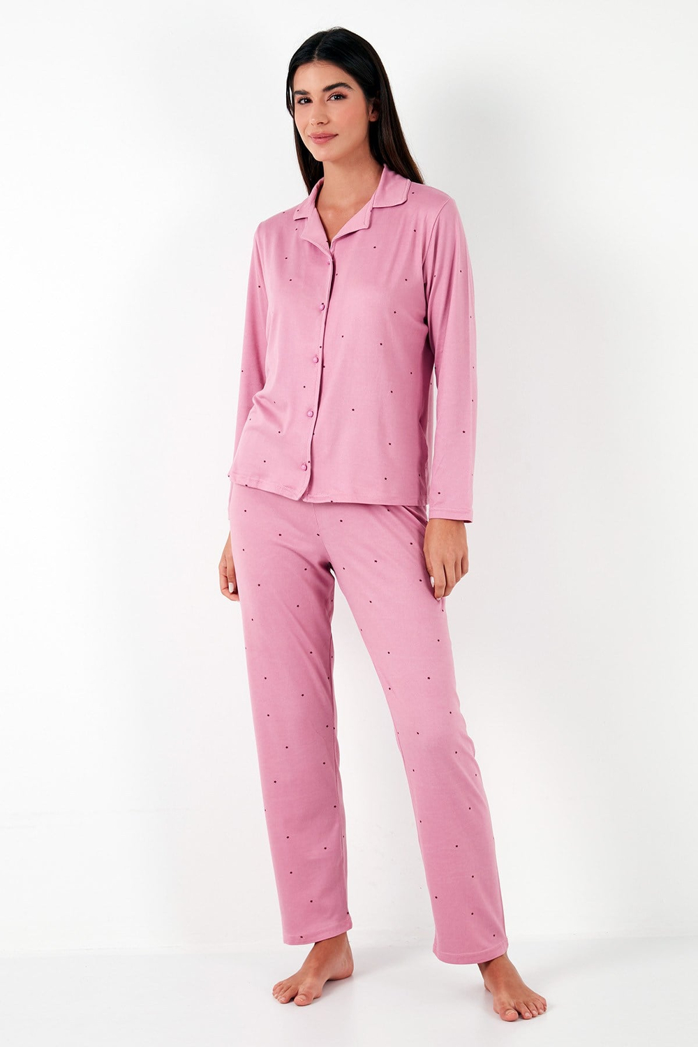 Regular Fit Gömlek Yaka Uzun Kollu Kadın Pijama Takımı 65750701 PUDRA