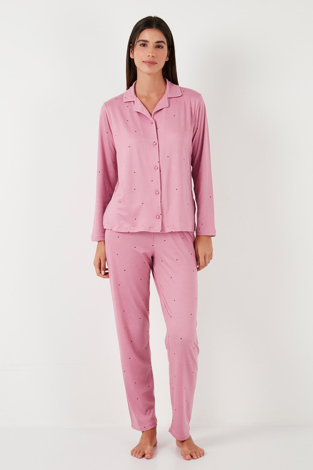 Regular Fit Gömlek Yaka Uzun Kollu Kadın Pijama Takımı 65750701 PUDRA