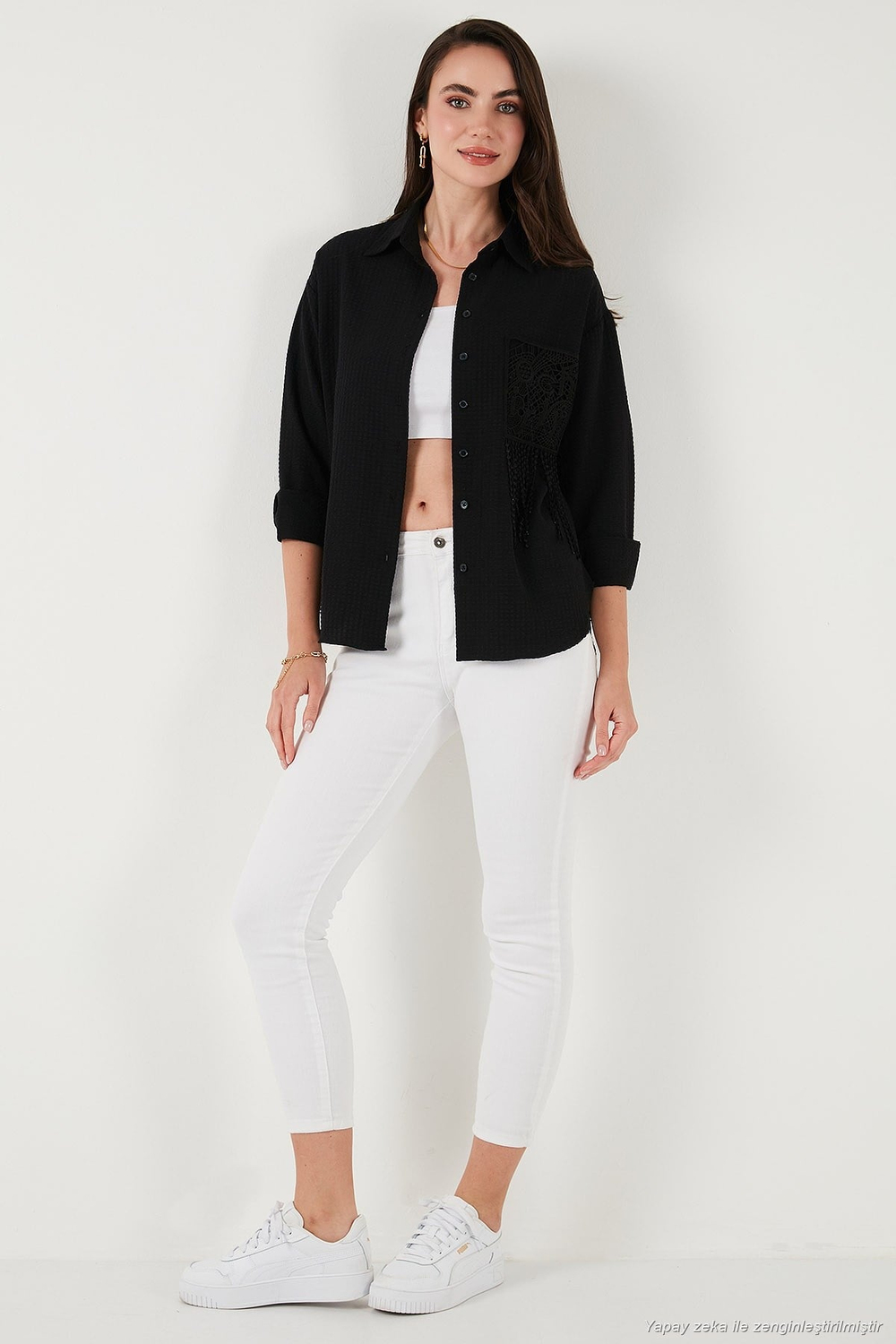 Regular Fit Güpürlü Cep Detaylı Uzun Kollu Kadın Gömlek 6773215 SİYAH