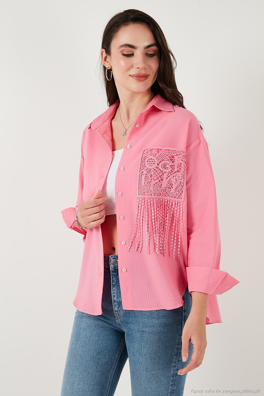 Regular Fit Güpürlü Cep Detaylı Uzun Kollu Kadın Gömlek 6773215 Şeker Pembe