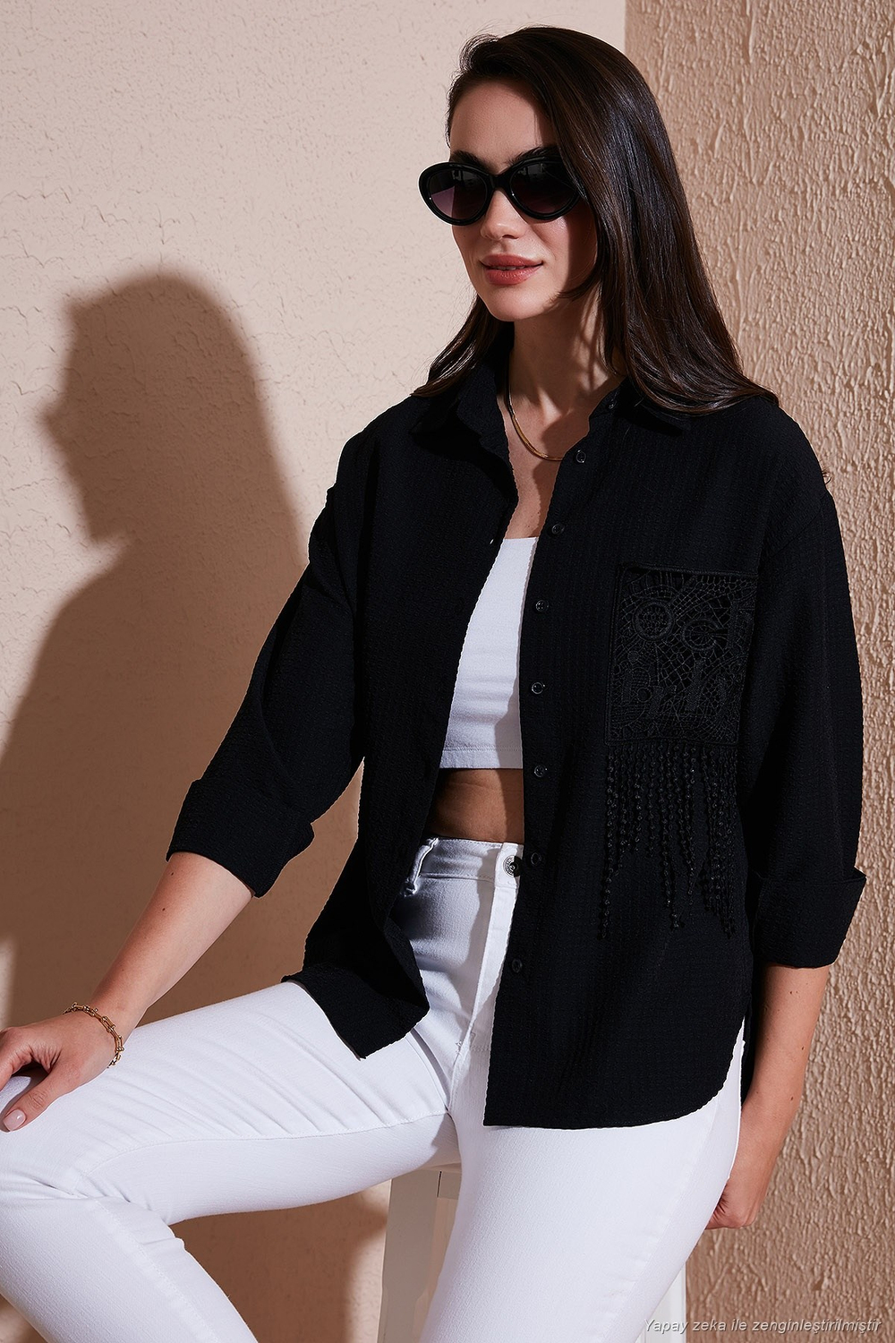 Regular Fit Güpürlü Cep Detaylı Uzun Kollu Kadın Gömlek 6773215 SİYAH