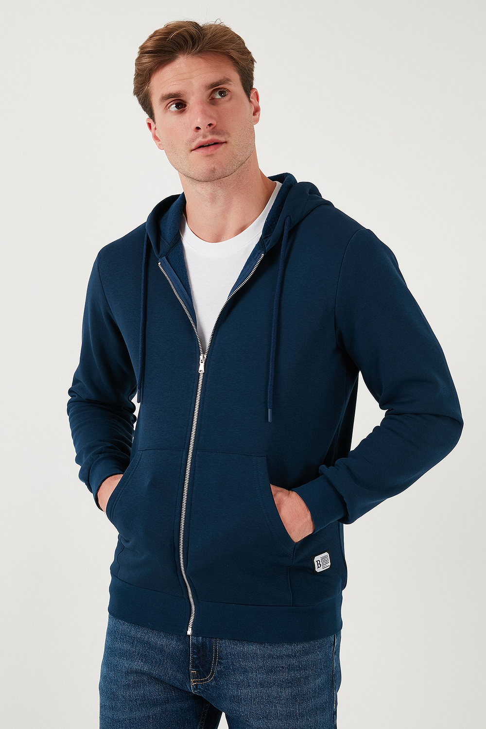 Regular Fit Kapüşonlu Fermuarlı İçi Tüylü Yumuşak Şardonlu Kışlık Erkek Sweat 5905340 İNDİGO