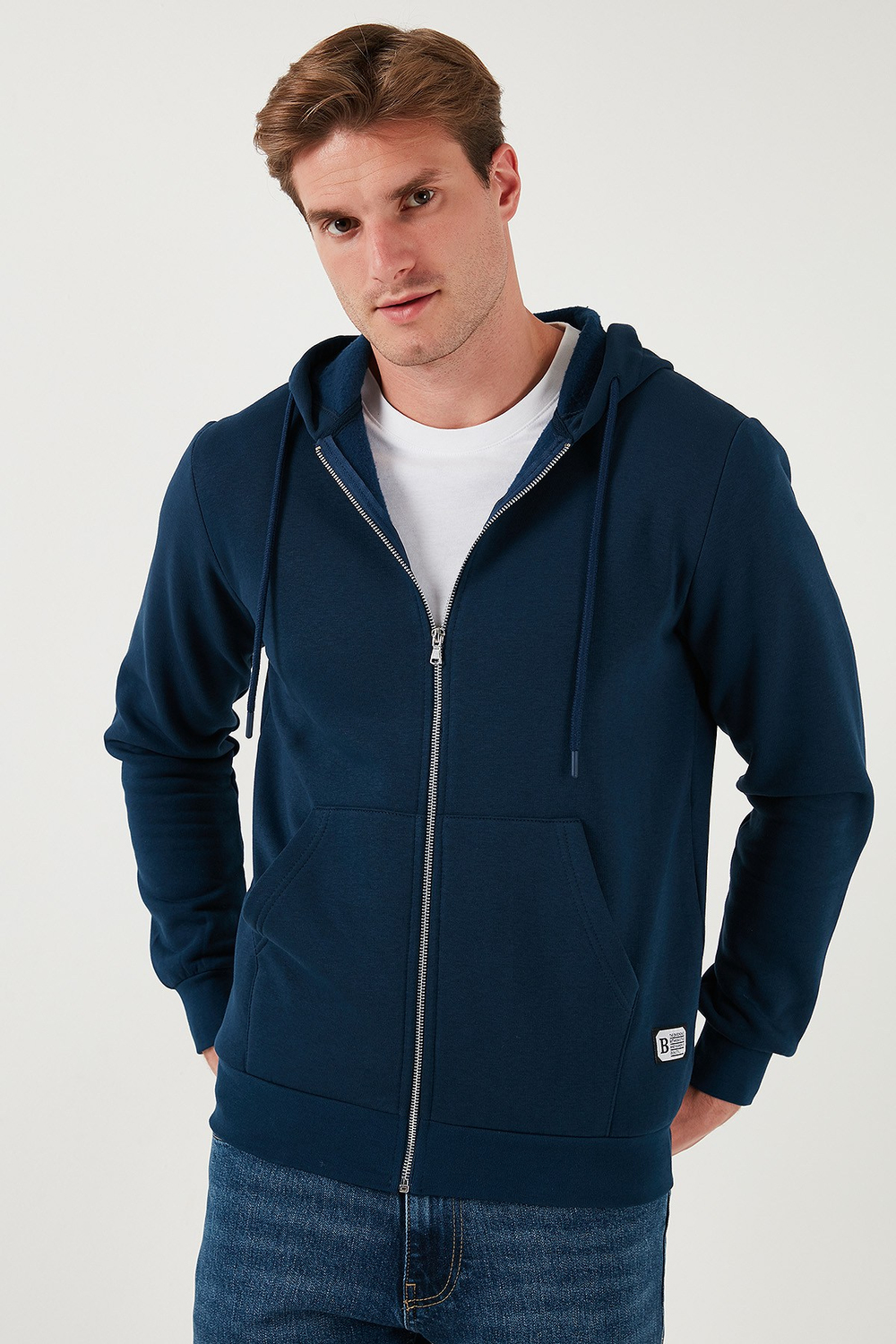 Regular Fit Kapüşonlu Fermuarlı İçi Tüylü Yumuşak Şardonlu Kışlık Erkek Sweat 5905340 İNDİGO
