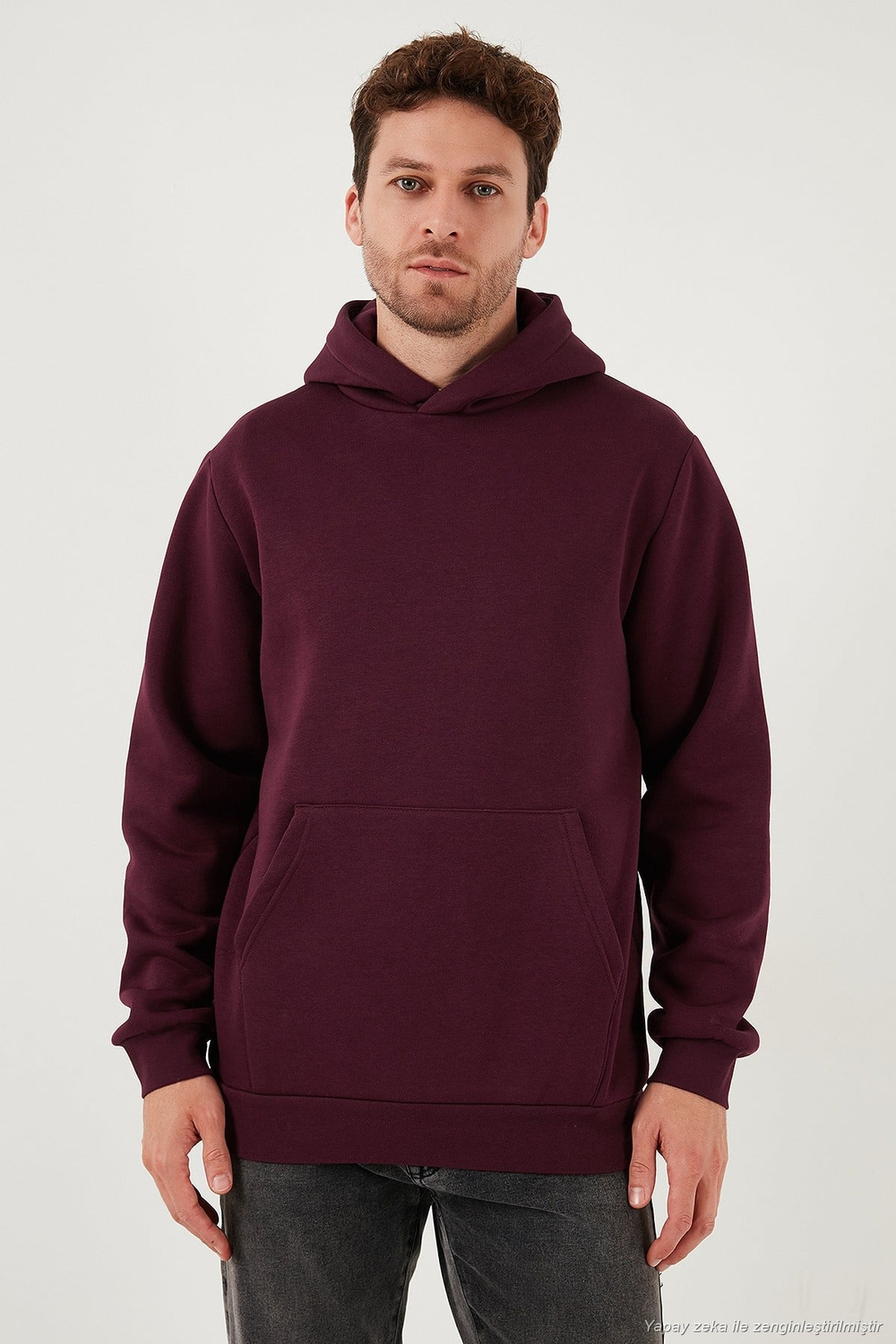 Regular Fit Kapüşonlu Kanguru Cepli İçi Tüylü Yumuşak Şardonlu Erkek Sweat 5905281 VİŞNE