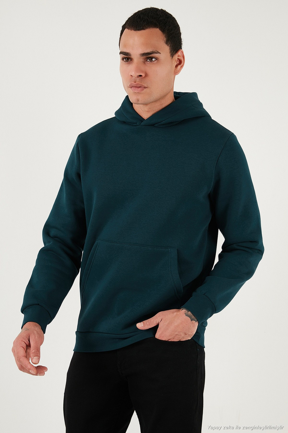 Regular Fit Kapüşonlu Kanguru Cepli İçi Tüylü Yumuşak Şardonlu Erkek Sweat 5905281 PETROL