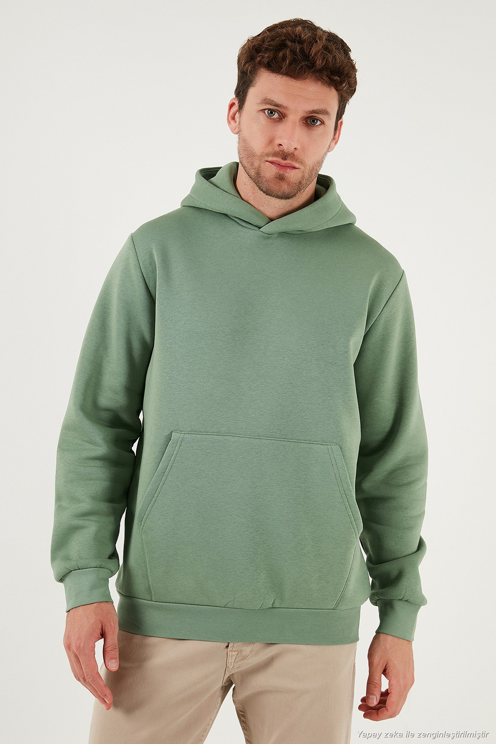 Regular Fit Kapüşonlu Kanguru Cepli İçi Tüylü Yumuşak Şardonlu Erkek Sweat 5905281 ELMA YEŞİLİ