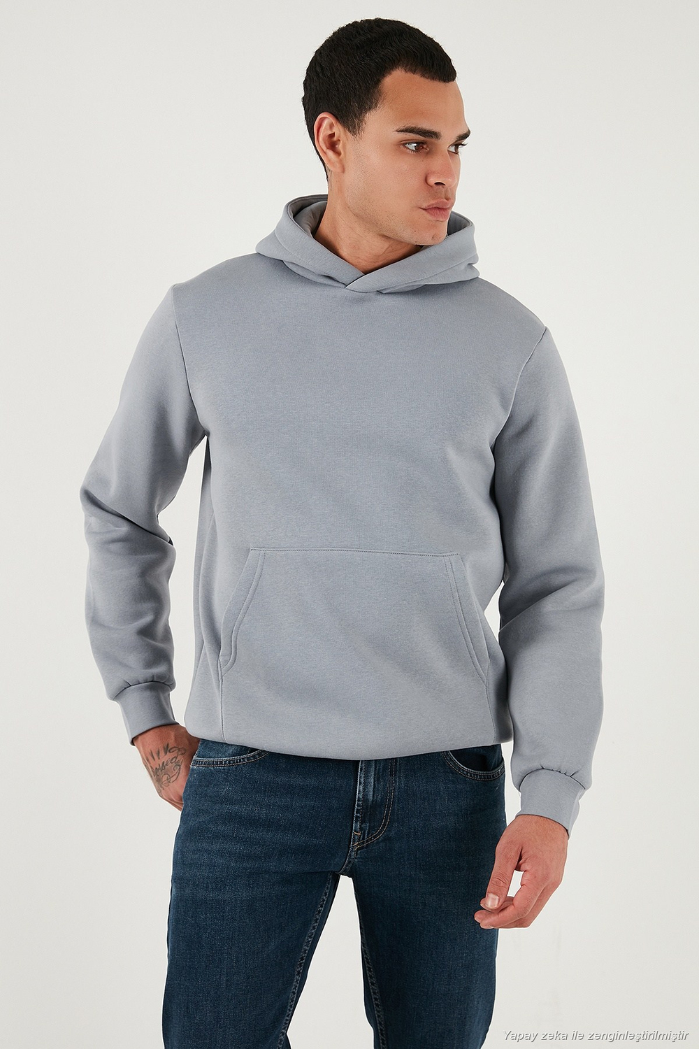 Regular Fit Kapüşonlu Kanguru Cepli İçi Tüylü Yumuşak Şardonlu Erkek Sweat 5905281 AÇIK GRİ