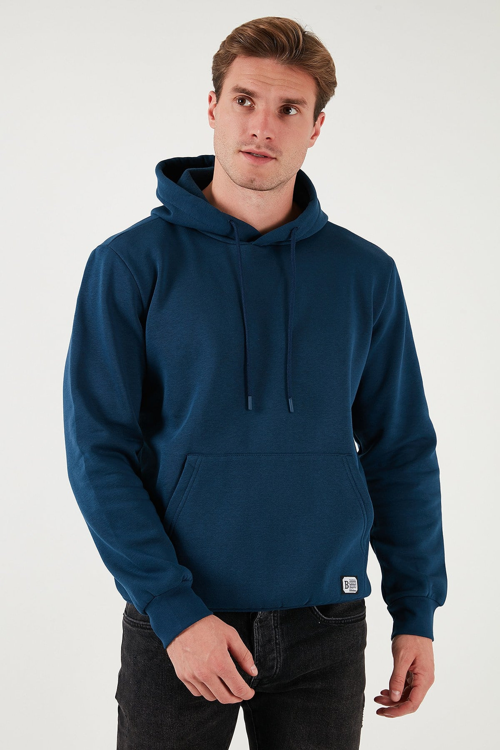 Regular Fit Kapüşonlu Kanguru Cepli İçi Tüylü Yumuşak Şardonlu Erkek Sweat 5905281 İNDİGO