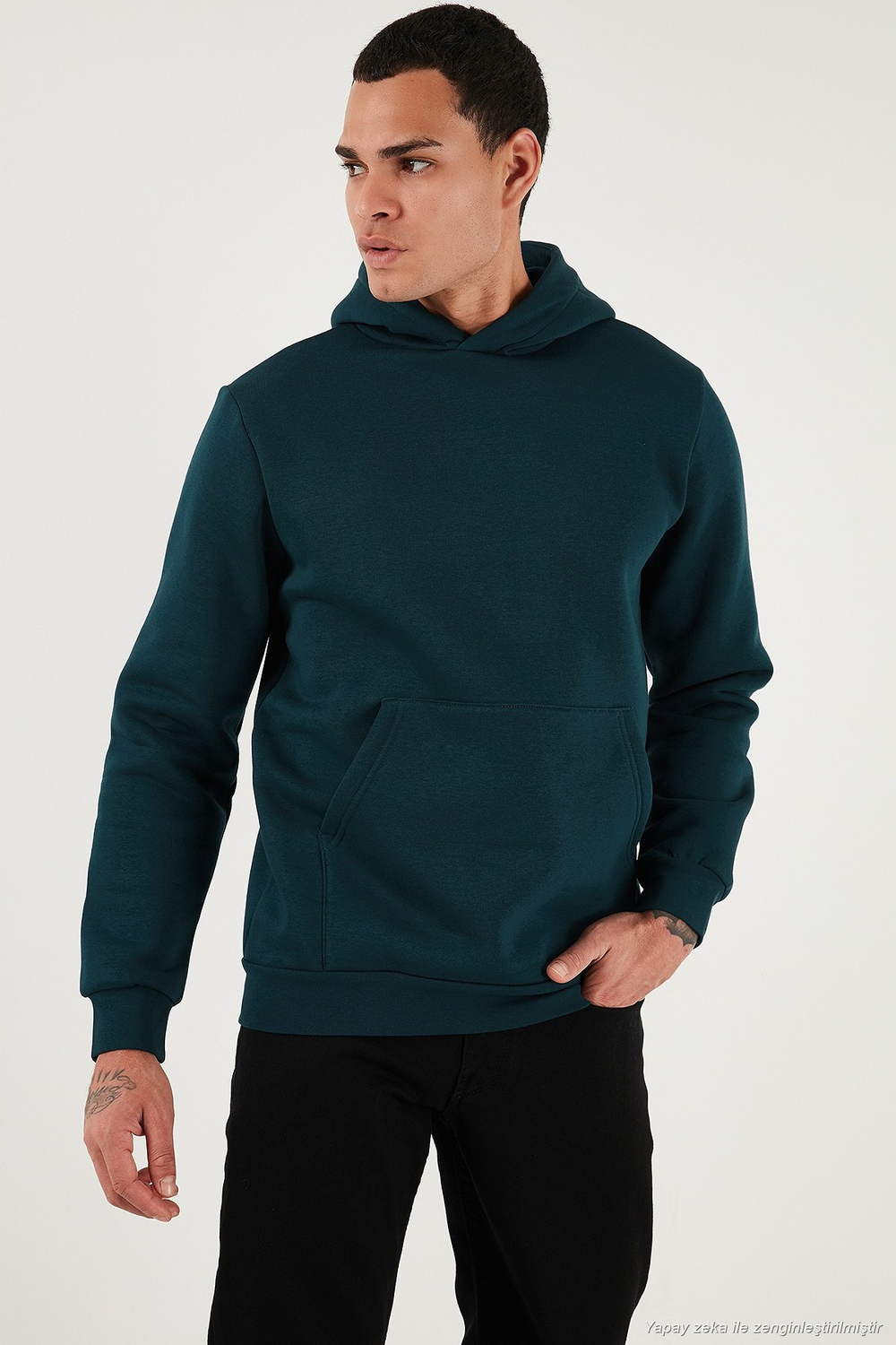 Regular Fit Kapüşonlu Kanguru Cepli İçi Tüylü Yumuşak Şardonlu Erkek Sweat 5905281 PETROL
