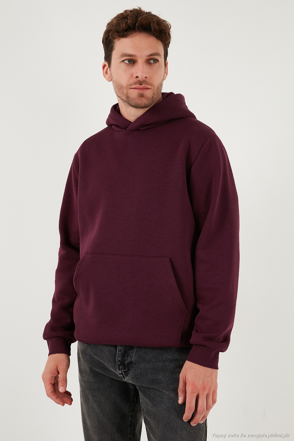 Regular Fit Kapüşonlu Kanguru Cepli İçi Tüylü Yumuşak Şardonlu Erkek Sweat 5905281 VİŞNE