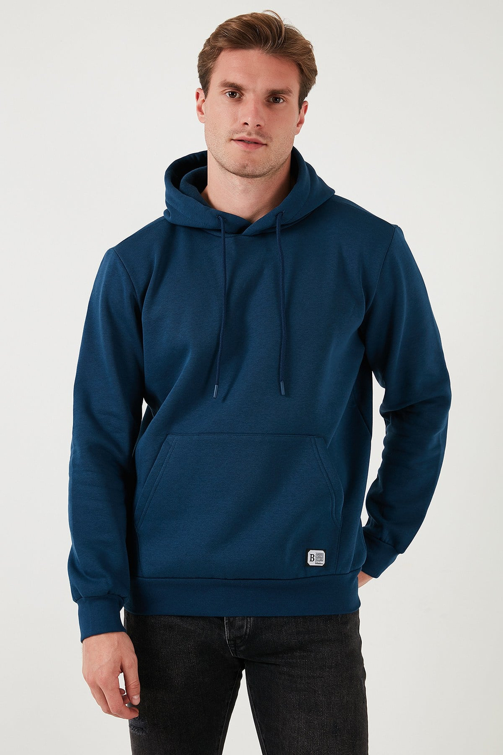 Regular Fit Kapüşonlu Kanguru Cepli İçi Tüylü Yumuşak Şardonlu Erkek Sweat 5905281 İNDİGO