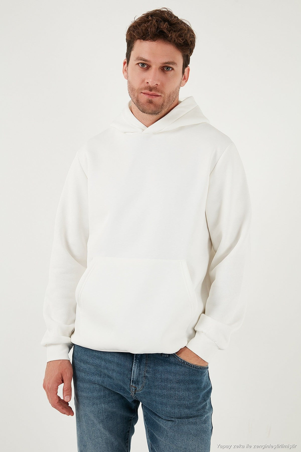 Regular Fit Kapüşonlu Kanguru Cepli İçi Tüylü Yumuşak Şardonlu Erkek Sweat 5905281 EKRU