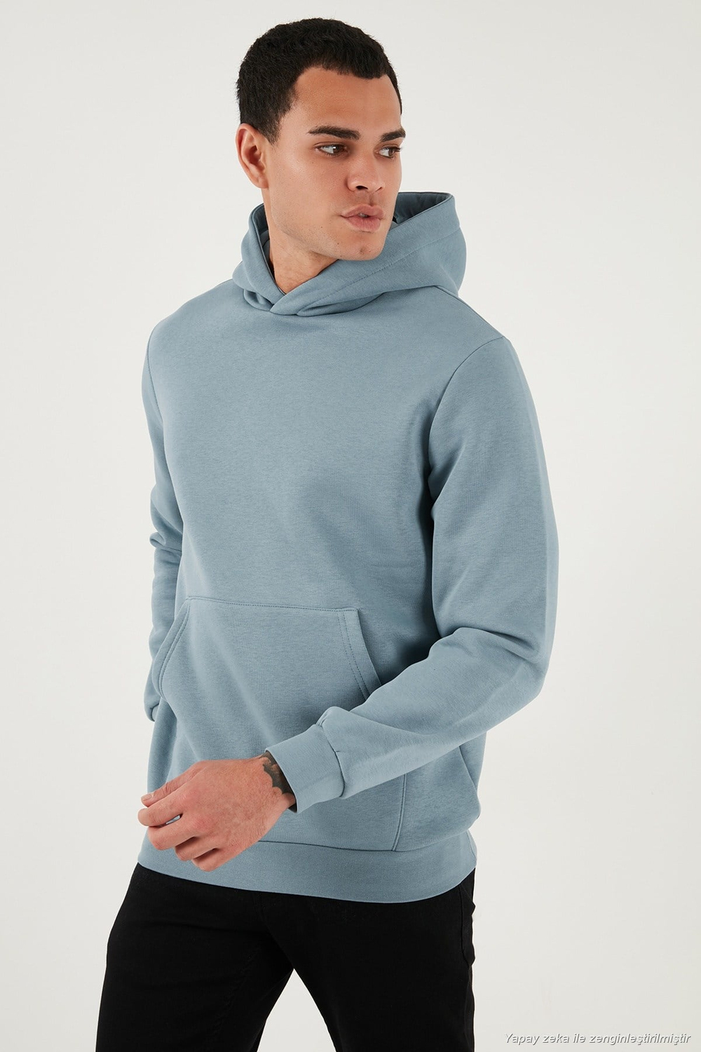 Regular Fit Kapüşonlu Kanguru Cepli İçi Tüylü Yumuşak Şardonlu Erkek Sweat 5905281 MAVİ