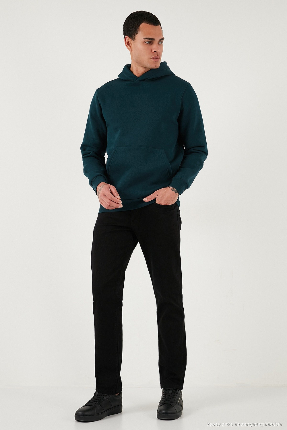 Regular Fit Kapüşonlu Kanguru Cepli İçi Tüylü Yumuşak Şardonlu Erkek Sweat 5905281 PETROL