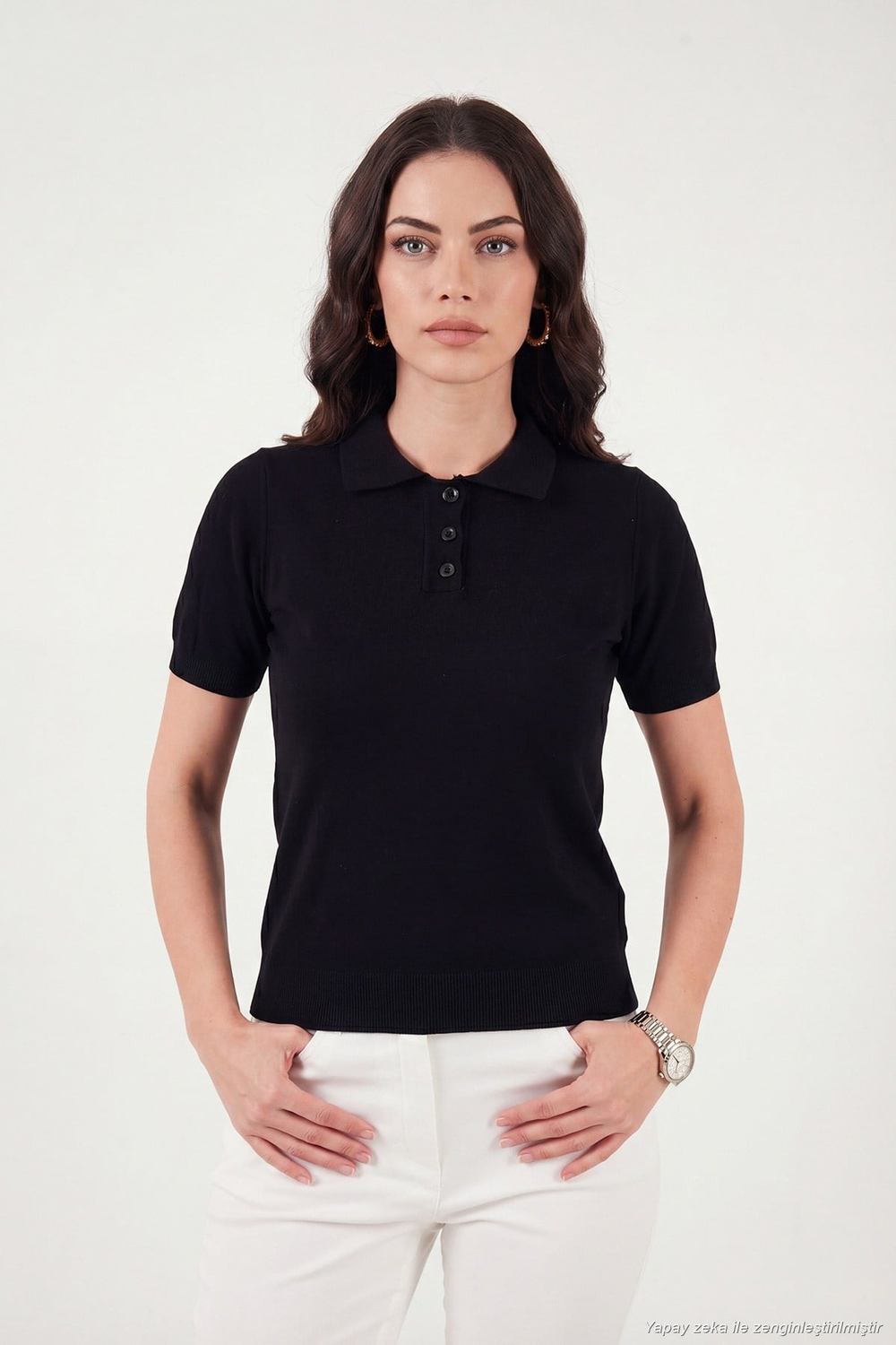 Regular Fit Kısa Kollu Düğmeli Triko Kadın Polo Yaka Kazak 4617056 SİYAH