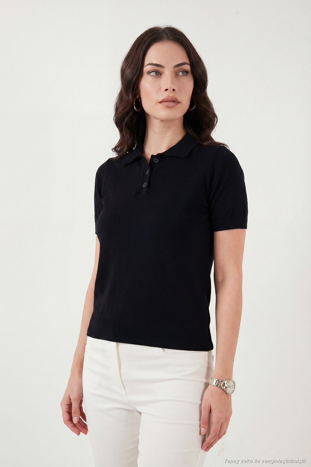 Regular Fit Kısa Kollu Düğmeli Triko Kadın Polo Yaka Kazak 4617056 SİYAH