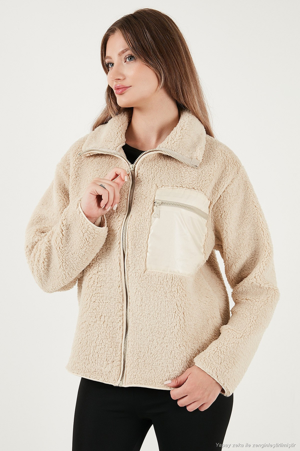Regular Fit Klasik Yaka Göğüs Cep Detaylı Peluş Hırka Kadın Polar 5866437 BİSKÜVİ