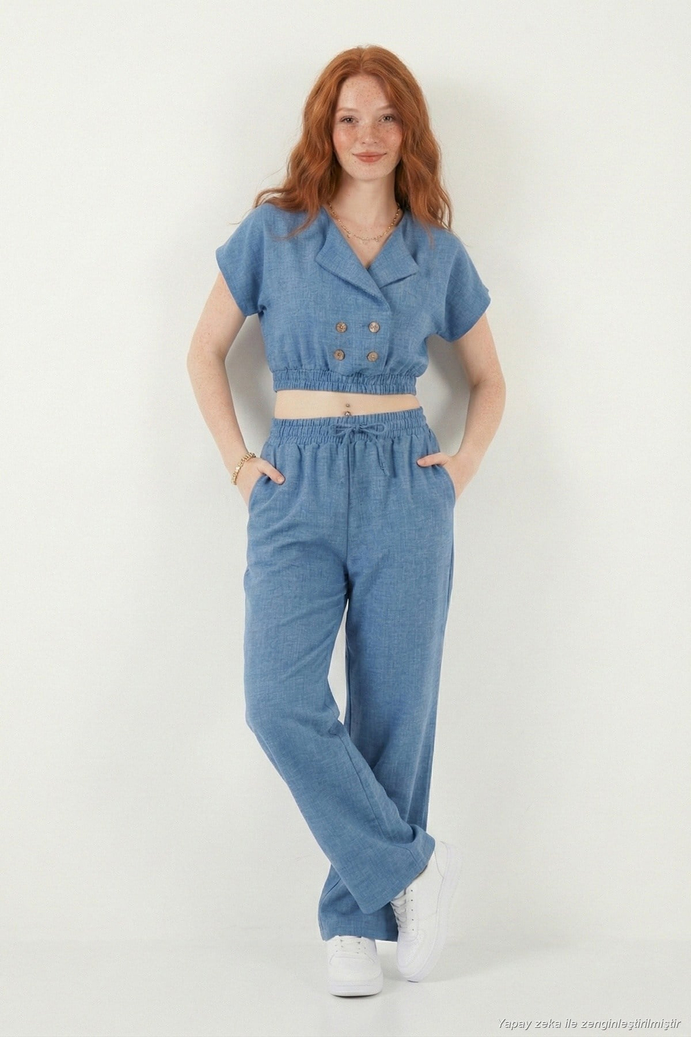 Regular Fit Kruvaze Yaka Düğme Detaylı Crop Kadın Takım 5866446 MAVİ