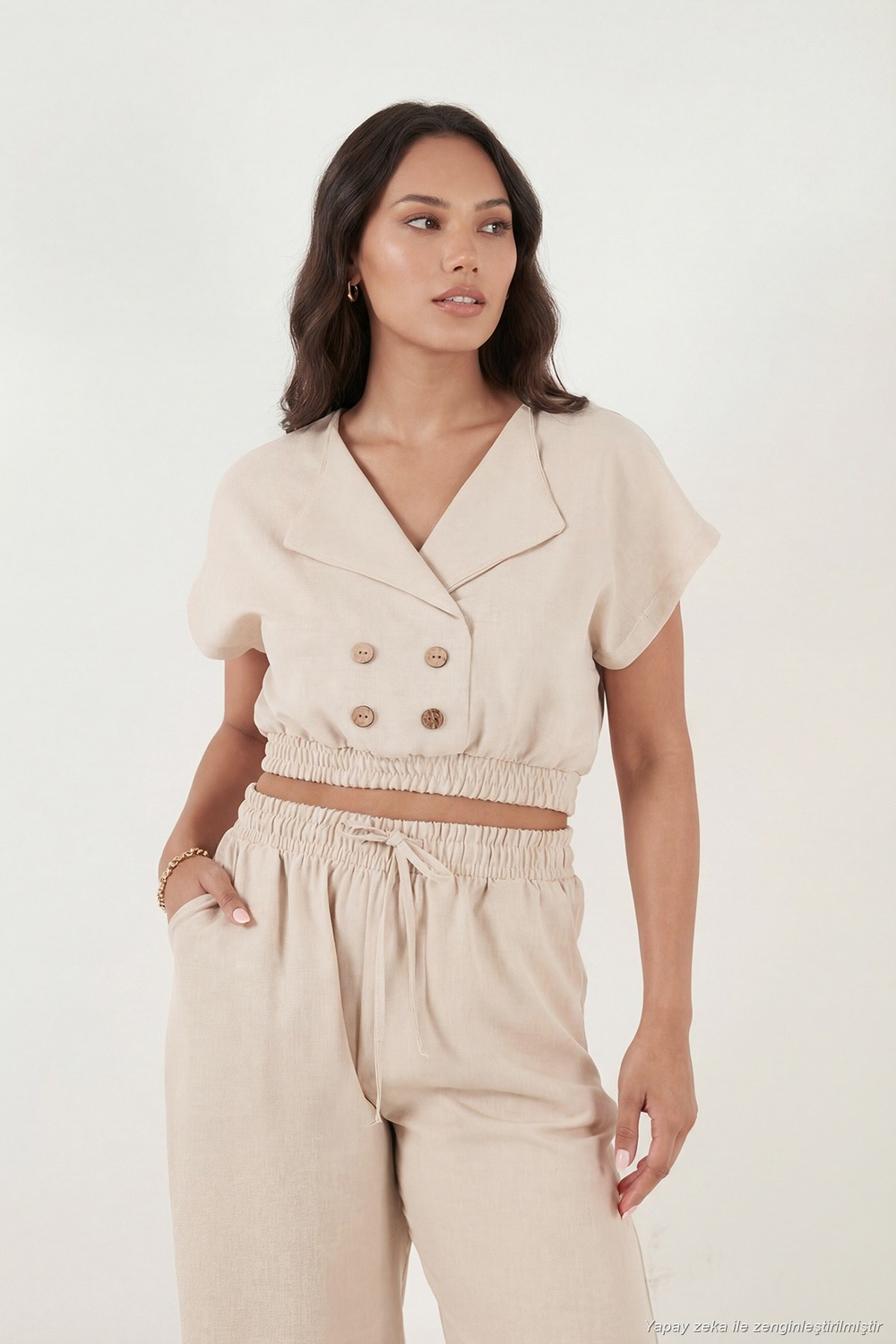 Regular Fit Kruvaze Yaka Düğme Detaylı Crop Kadın Takım 5866446 TAŞ